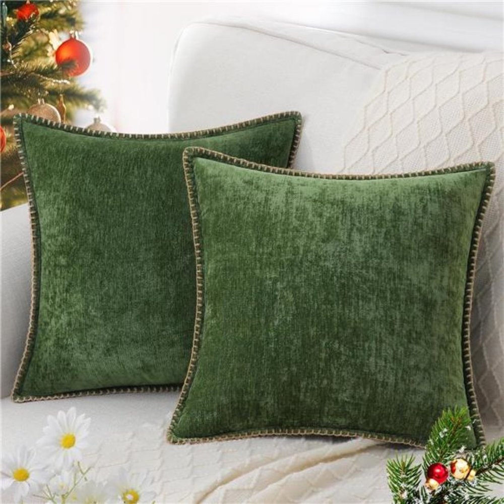 Set Of 2 |  Green  |  Christmas Chenille Soft Throw Pillow Covers 18x18 | Decor